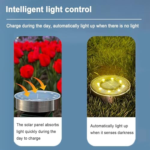 4 Pack Solar Ground Lights Outdoor, 12 LED Solar Disc Lights IP68 Waterproof Flat Solar Lights, Pathway Lights Garden Lights In-Ground Landscape Lights for Yard Lawn Patio Pathway Driveway Lighting(Wh - Image 4