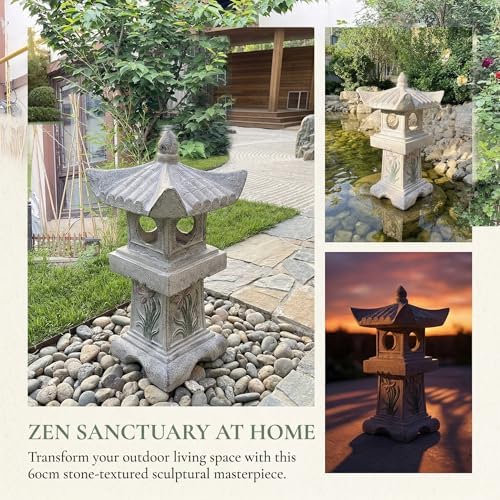 Asian Orchid Pagoda Stone Lantern Statue 23.6”H Zen Japanese Garden Decor - Image 5