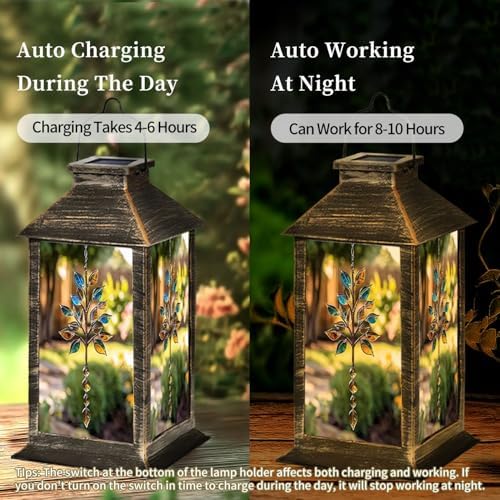 Solar Lantern Tree Stained Glass Brown Blue Clear Leaves Metal Outdoor Waterproof Garden Hanging Lantern Solar Powered Lighting Outside Table Lamp for Patio Deck Camping 1 Pack - Image 3
