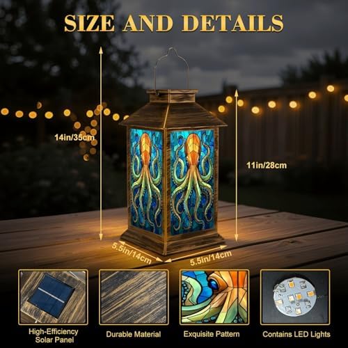 Solar Lantern Outdoor Waterproof Stained Glass Octopus Vibrant Blue Orange Tones Garden Decor LED Hanging Solar Lights Tabletop Lamp Gifts for Women Mom Outside Yard Patio Porch - Image 2