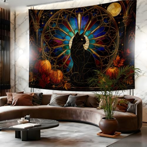 Halloween Black Cat Tapestry, Pumpkin Stained Glass Fall Decor 70x90inch - Image 6