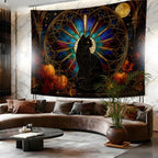 Halloween Black Cat Tapestry, Pumpkin Stained Glass Fall Decor 60x80inch - Image 6