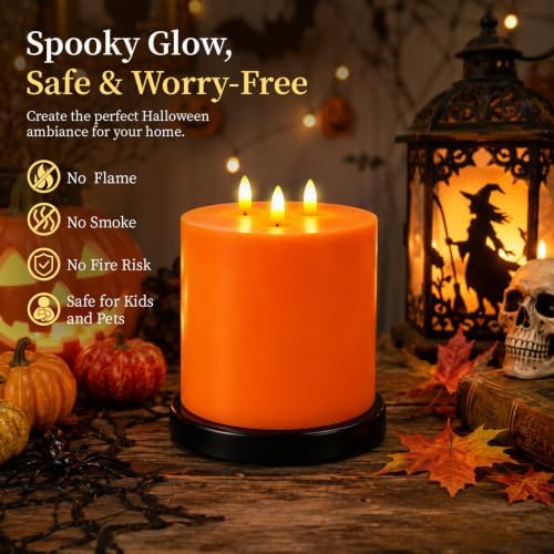 Amagic 3 Wick Extra Large Flameless Pillar Candle with Timer Remote, Orange - Image 6