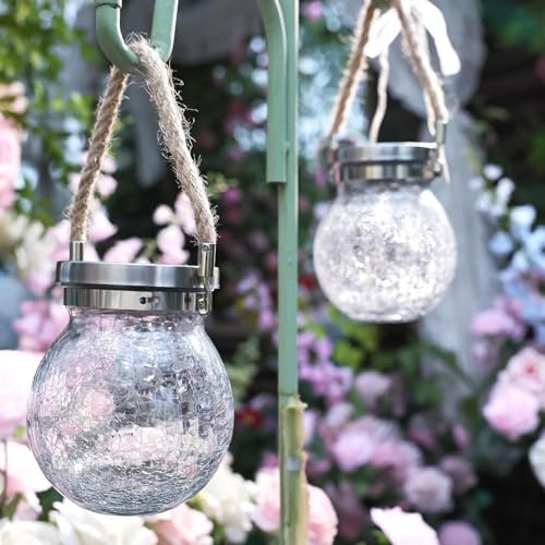 Cooo 4 Pack Gifts for Him Her Solar Lanterns Outdoor Waterproof Heavy Crackle Glass 30 LED Warm Firefly Lights Solar for Women Mom Grandma Outdoor Table Lamps Garden Yard Decor - Image 4