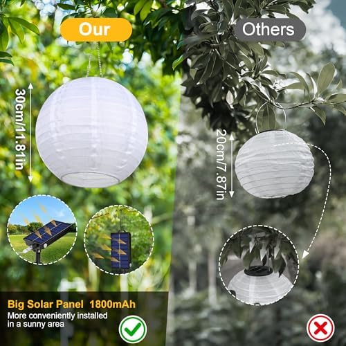 Solar Lantem String Lights Outdoor, 4 Lights 12inch Large Waterproof Hanging Lanterns with 160LED Warm White Light, USB Rechargeable Fairy Lights for Patio Garden Party Wedding Decor, 2 Pack - Image 2