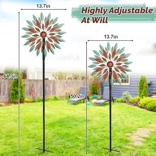 Wind Spinners Outdoor, 360° Metal Windmills for Yard Garden Art Decor, Kinetic Wind Sculptures with 5 Stake for Lawn Patio Outside Ornaments, 13.7" W x 64.3" H (Green+Brown) - Image 3