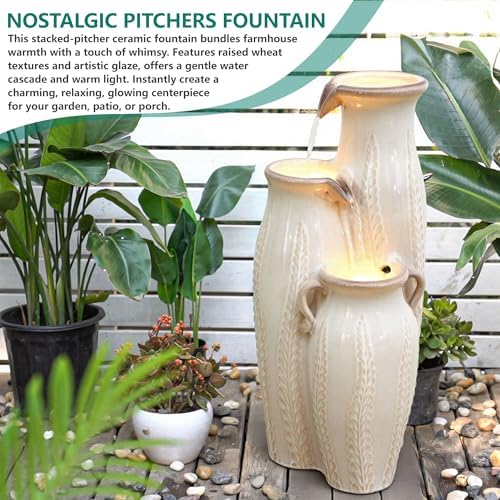 30" Ceramic Vase Water Fountain Outdoor with LED Lights, Cream Ivory - Image 4