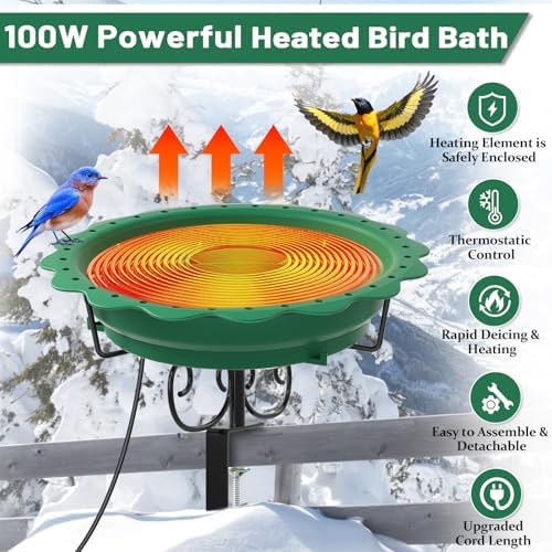 100W Heated Bird Baths for Outdoors, Heated Birdbath Outside Winter, Green - Image 2