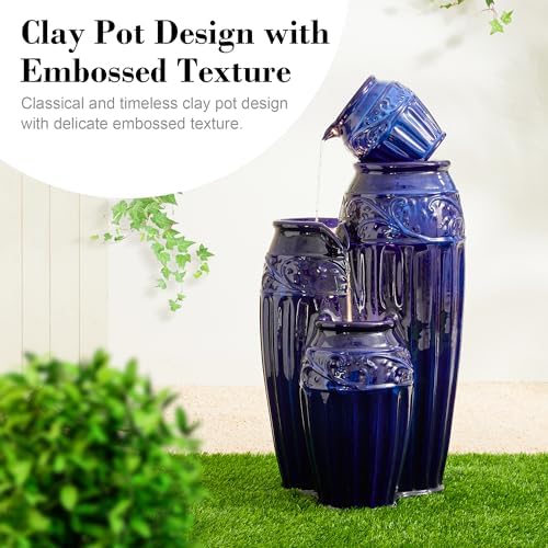 Glitzhome 35.5" H Ceramic Outdoor Water Fountain with LED Lights, Oversized 4-Tier Pots Outdoor Fountain, Cobalt Blue Glaze, Embossed Pattern, Decorative Cascading Waterfall for Garden, Patio - Image 2