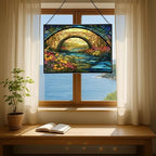 Rainbow Bridge Over Meadow Stream Rectangular Stained Glass Suncatcher – Hanging Window Panel with Animal & Nature Scene – Vibrant Glass Art Gift for Wildlife, Fantasy, Nature Lovers YSUv9u - Image 6