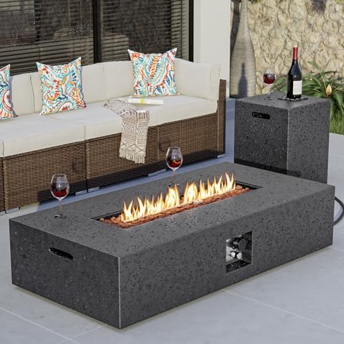 COSIEST 56" Rectangular Outdoor Propane Fire Pit Coffee Table w Concrete Rectangle Base, Certified, 50,000 BTU, Free Lava Rocks and RainCover, Fits 20lb Tank Outside,Tank Cover, Gray by COSIEST