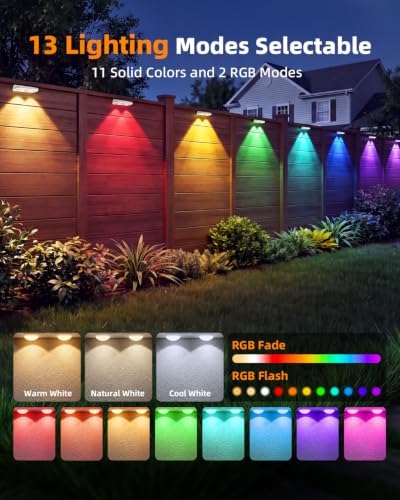 8 Pack Solar Fence Lights Outdoor ,3CCT & RGB 13 Color Mode Fence Lights Solar Powered with Ultra-Bright Lens IP65 Waterproof,Solar Wall Light for Backyard/Step/Patio/Deck/Stair/Railings(White) - Image 2