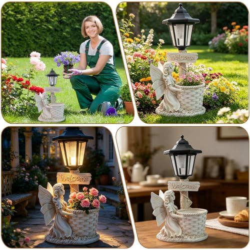 Solar Angel Fairy Garden Outdoor Statues with Solar Lantern and Flowerpot Welcome Sign Decor Angel Figurines Sculptures Resin Outdoor Statues for Patio Yard Lawn Mom Grandma Gifts - Image 6