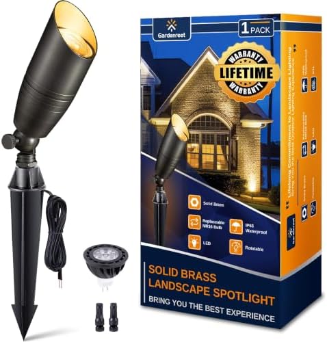 Gardenreet Landscape Spotlights Low Voltage - Brass 12V Outdoor Uplight LED, Wired Spot Lights IP65 Waterproof, Antique Bronze for Exterior Garden Yard Tree House with 5W 2700K Warm White MR16 Bulb by Gardenreet