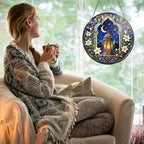Stained Glass Window Hanging Lantern Moon and Star Floral Pattern Sun Catchers Colorful Islamic Moroccan Style Suncatchers for Home Porch Garden Indoor & Outdoor Decor (9.8x9.8 in) - Image 2