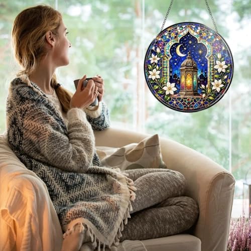 Stained Glass Window Hanging Lantern Moon and Star Floral Pattern Sun Catchers Colorful Islamic Moroccan Style Suncatchers for Home Porch Garden Indoor & Outdoor Decor (9.8x9.8 in) - Image 2