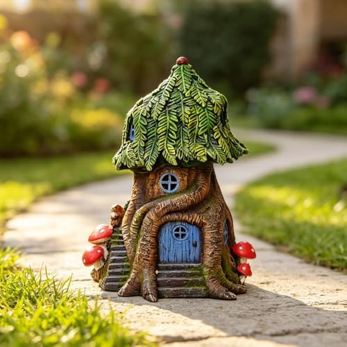 COWOS Solar Light Fairy Tree House, Fairy Garden House Statues, Tree House Figurines with Solar Light for Indoor Outdoor Art Decorations, Patio Yard Lawn Ornaments Gift - Image 6