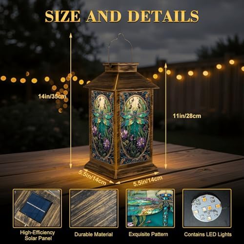 Solar Lantern Outdoor Waterproof Stained Glass Dragonfly Vibrant Flowers Intricate Details Garden Decor LED Solar Lights Hanging/Tabletop Lamp Gifts for Women Mom for Outside Yard Patio - Image 2