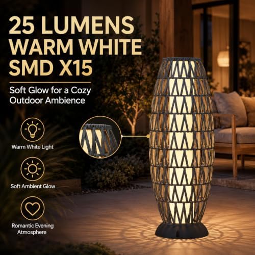 Solar Yard Outdoor Solar Floor Lamp Wicker Boho Lantern, Waterproof Outdoor Lamps for Patio Deck Yard, Oslo Silver Black - Image 6