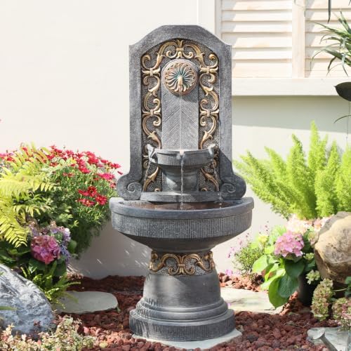 Bumilgar Outdoor Wall Fountain with LED Lights, 49.8” H Freestanding Gilded Fleur-de-Lis European Resin Standing Waterfall Feature, European Resin Flat Back Yard - Image 3
