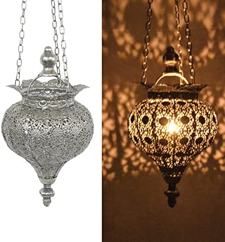 Westcharm Antique Silver Oriental Moroccan Ramadan Lantern Metal Hanging Pendant Light Candle Lantern Lamp Decorative Decor Indoor Outdoor - Small by Westcharm