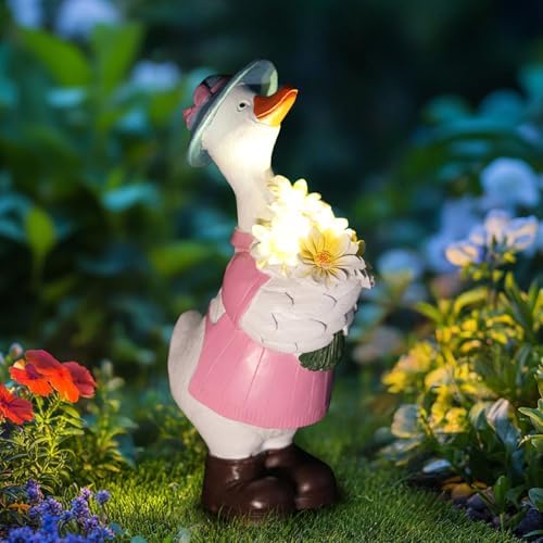 Solar Porch Goose Garden Statue with Glowing Flower, 11.5" Solar Duck Garden Decor for Outdoor, Waterproof Animal Figurine with Auto Light for Yard Lawn Patio - Unique Gift for Mom Grandma Women by HONGLAND