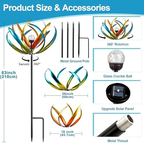 83-Inch Solar Wind Spinner Outdoor Metal, Kinetic Yard Art with Glass Globe - Image 4