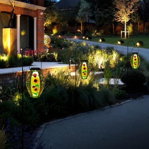 2 Pack Sunflower Solar Lantern,Retro Solar Lanterns Outdoor Waterproof,Stained Glass & Metal Hanging Solar Lantern,LED Tabletop Lamp Solar Lights,Sunflower Outdoor Solar Lanterns for Pathway - Image 5
