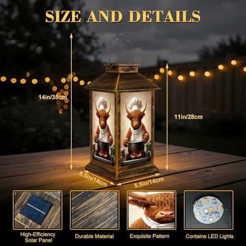 Solar Lantern Outdoor Waterproof Funny Cow Humorous Brown Highland Cows Cooking Enticing Food Kitchen Garden Decor LED Solar Lights Hanging/Tabletop Lamp Gifts for Women Mom for Outside Yard Patio - Image 2