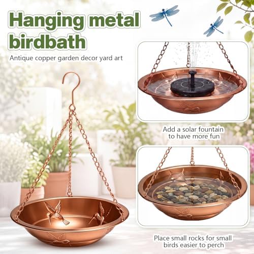 2 Pcs Hanging Bird Bath for Outside, 11.5" Antique Copper Metal Bird Feeder Birdbath Bowl with Rust-Proof Chains Simulated Dragonfly for Outdoor Garden Backyard Patio Yard Decor - Image 3