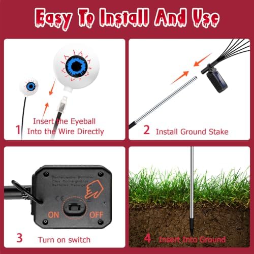 Kohlrabi Halloween Decorations Outdoor, 6 Pack 36 LED Solar Red Scary Eyeball Swaying Lights, Solar Firefly Light Waterproof Outdoor Lights for Yard Garden Party - Image 5