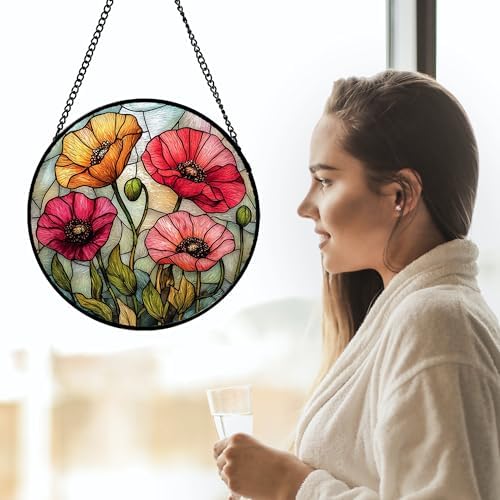 Poppy Flower Stained Glass Window Hanging Suncatcher Gifts for Women 12" - Image 2