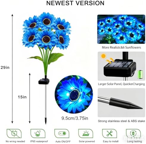 Solar Lights Outdoor, Gifts for Women Mom Grandma Friends, 4 Pack 24 Solar Blue Sunflower Lights, Solar Flower Lights Waterproof, Outside Sunflower Decor Lights for Landscape Yard Patio Lawn Pathway - Image 3