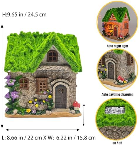 Solar-Powered LED Fairy Garden Cottage, Resin Miniature Stone House with Flocked Moss Roof, Outdoor Patio Yard Decor, Waterproof Garden Ornament with Warm Lights for Lawn, Pathway & Fairy Garden - Image 2