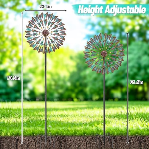 Wind Spinner Kinetic Wind Sculpture, 24.3"W x 79.3"H Large Metal Outdoor Windmill with 5‑Prong Stable Base, 360° Wind Catcher, Eye‑Catching Yard Art Decor for Patio Lawn Garden Backyard (Retro Green) - Image 5