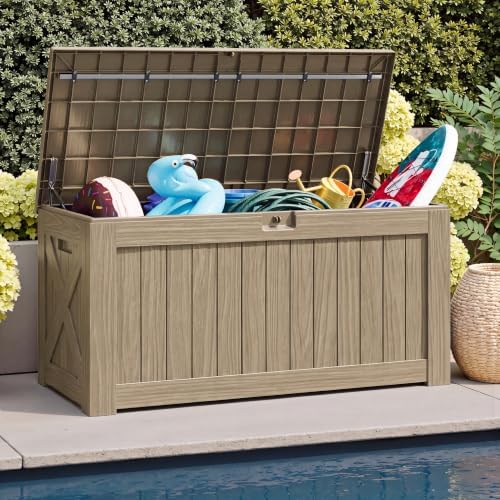 JUMMICO 120 Gallon Resin Deck Box, Large Outdoor Storage Box Waterproof & Lockable for Garden, Patio, Pools (Light Brown) - Image 6