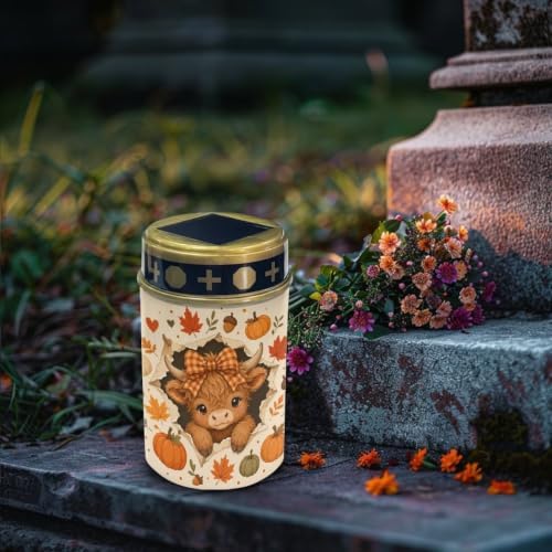 Poceacles Fall Decor Solar Lights Garden Cemetery Flameless Candle Pillar Candle Solar Garden Stake Lights for Thanksgiving Day Decorations, Highland Cow Pumpkin, 2 Pack - Image 3