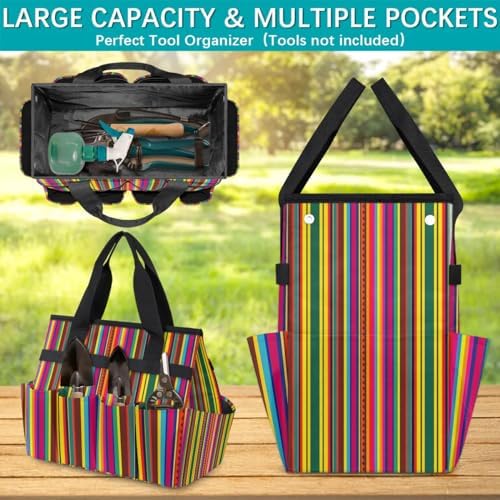 Mexican Stripes Garden Tool Bag, Garden Tote Storage Bag with 10 Pockets, Indoor and Outdoor Colorful Vertical Line Gardening Tool Organizer for Women Men - Image 4