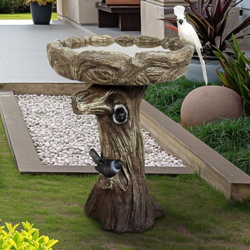 23” Tall Fibre Reinforced Concrete Birdbaths with Birds for Patio, Woodland Tree Trunk Decorative Outdoor Bird Bath for Garden，Pedestal Birdbaths for Outdoors, Garden, Patio, Lawn, Backyard - Image 2