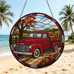 Fall Old Truck Pumpkins Stained Glass Suncatcher 9.8" Colorful Window Hanging Ornament, Retro Sun Catcher Decor with Chain for Home Wall Garden Birthday Christmas Mothers Day - Image 3
