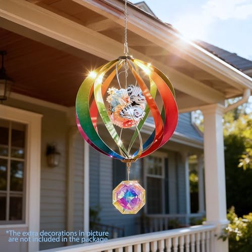 12" Hanging Wind Spinners Outdoor Assembly Required Rainbow 3D Metal Ball - Image 6