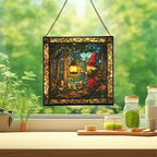 Gnome with Lantern Stained Glass Suncatcher – Square Hanging Window Panel for Home, Garden, Nursery, Halloween, Christmas, Memorial Day – Whimsical Glass Art Gift for Gnome Lovers qtaluf - Image 2