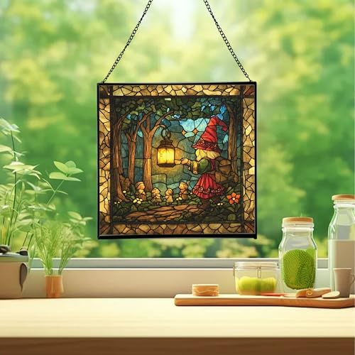 Gnome with Lantern Stained Glass Suncatcher – Square Hanging Window Panel for Home, Garden, Nursery, Halloween, Christmas, Memorial Day – Whimsical Glass Art Gift for Gnome Lovers qtaluf - Image 2