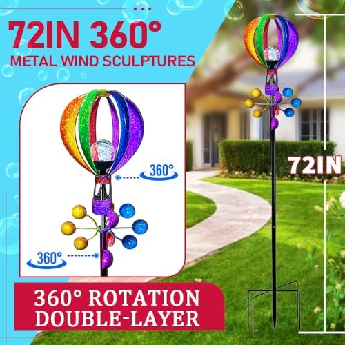 72 in Large Wind Spinners Outdoor, Solar Hot Air Balloon Wind Sculpture - Image 3