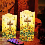 LED Flameless Candles with Remote Set of 4 Sunflower Cross Battery Operated Pillar Candles with Timer Color Changing Electric Candles for Wedding Table Festival Decorations - Image 5