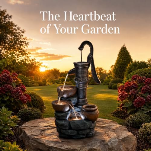 Outdoor Water Fountain with LED Lights, 32.3" Vintage Pump Cascading Water Feature, Resin Garden Fountain for Patio, Backyard, Porch, Entryway, Housewarming Gift - Image 5
