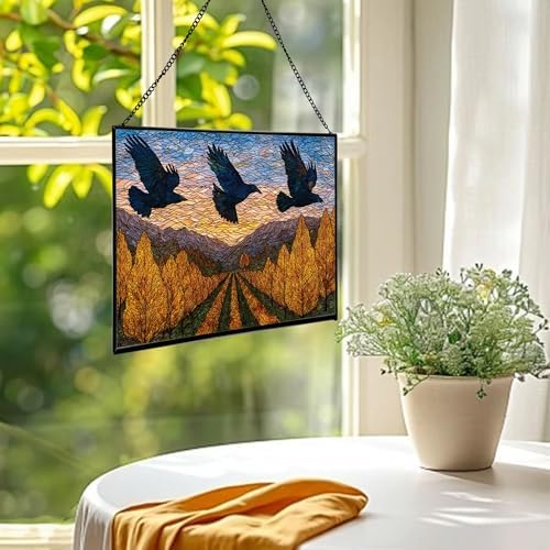 Crows Flying Over Autumn Orchard Rectangular Stained Glass Suncatcher – Hanging Window Panel with Animal & Nature Scene – Vibrant Glass Art Gift for Wildlife, Fantasy, Nature Lovers emGCYx - Image 2