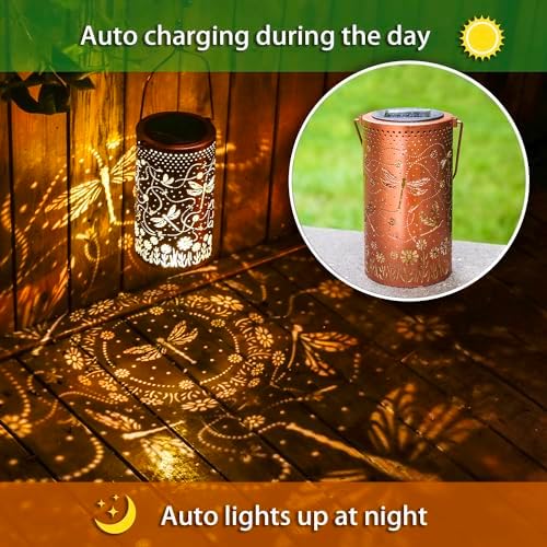 2 Pack Dragonfly Outdoor Solar Hanging Lanterns Waterproof LED Solar Lights Metal Decorative Lanterns for Garden, Patio, Courtyard, Backyard, Yard Decor Unique Dragonfly Gifts for Women Gardening - Image 5