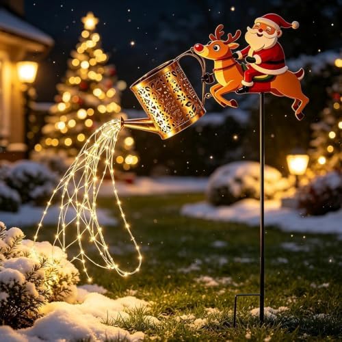 Solar Watering Can with Stake LED Christmas Santa Metal Garden Decor - Image 3