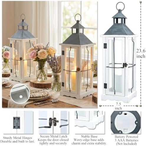 Bdor 26 Inch White Wooden Decorative Lanterns with LED Candles Set of 2 - Image 4